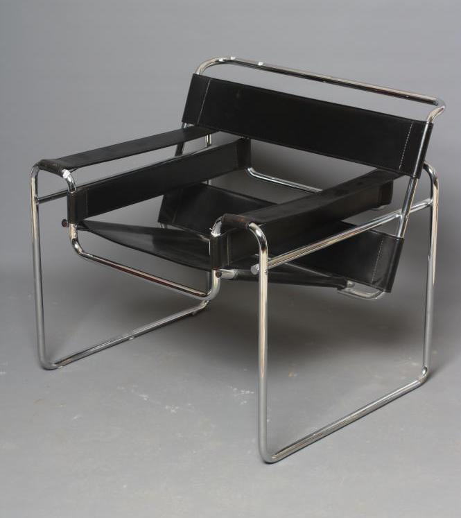 AFTER MARCEL BRUER - A WASSILY ARMCHAIR, modern, in chromed steel and black leather, 31" w x 18" d x Image