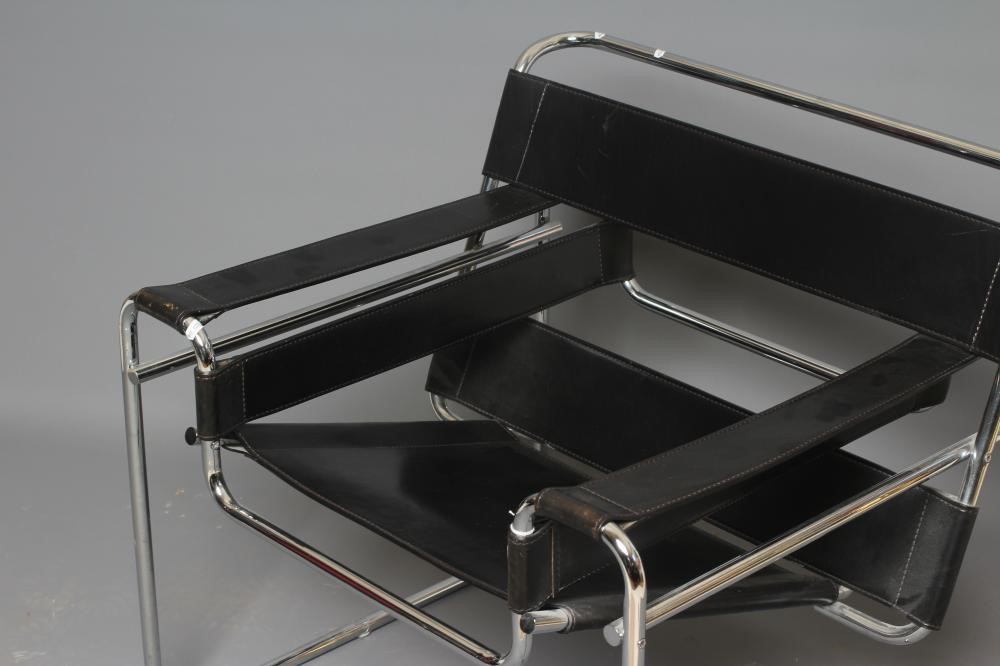 AFTER MARCEL BRUER - A WASSILY ARMCHAIR, modern, in chromed steel and black leather, 31" w x 18" d x Image