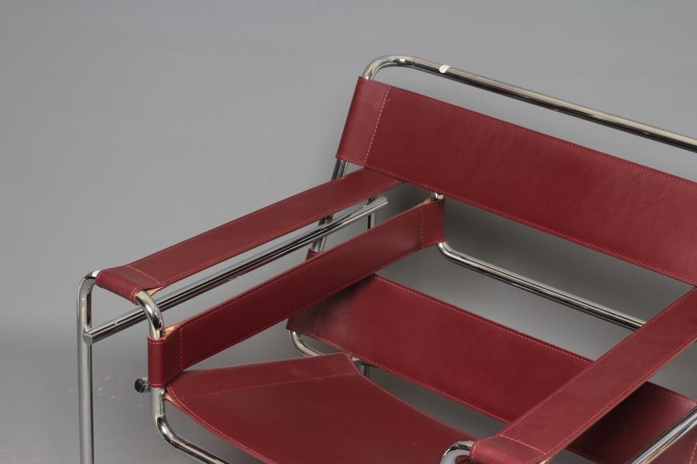 AFTER MARCEL BRUER - A WASSILY ARMCHAIR, modern, in chromed steel and brown leather, 31" w x 18" d x Image