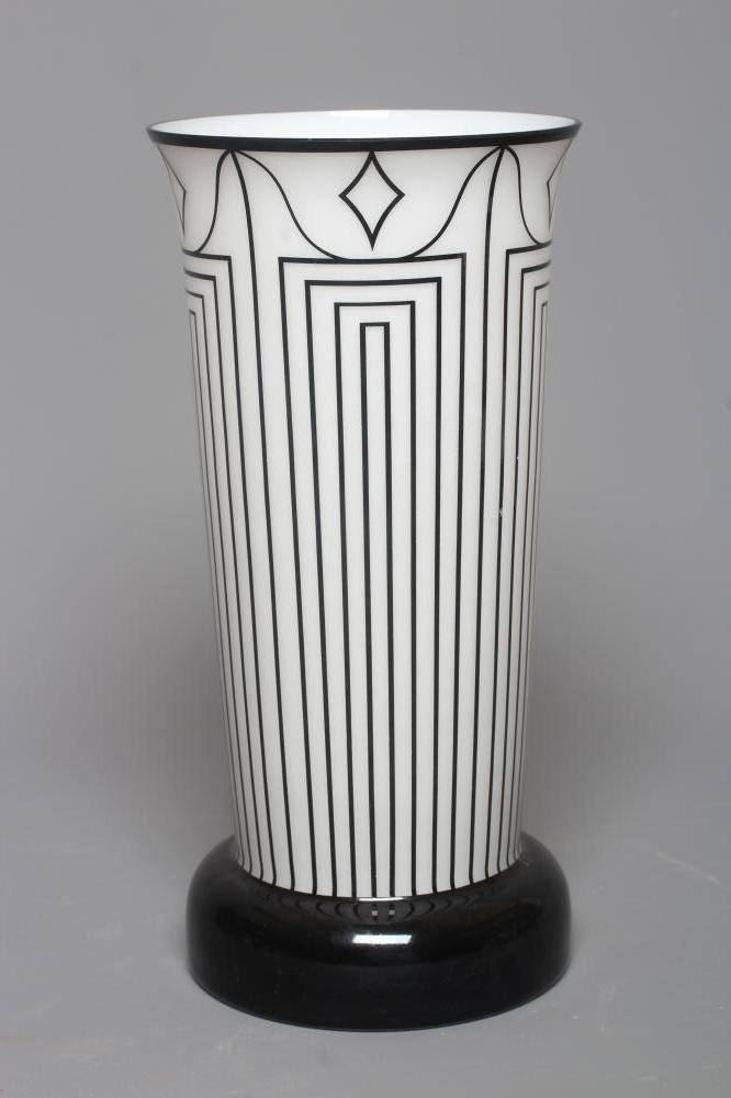 A JOSEF HOFFMANN WIENER WERKSTATTE STYLE WHITE FROSTED GLASS VASE of flared cylindrical form on a Image