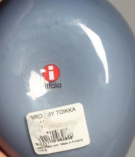 AN IITTALA BLUE GLASS KUULAS BIRD BY OIVA TOIKKA, engraved signature, original labels, 3" high Image