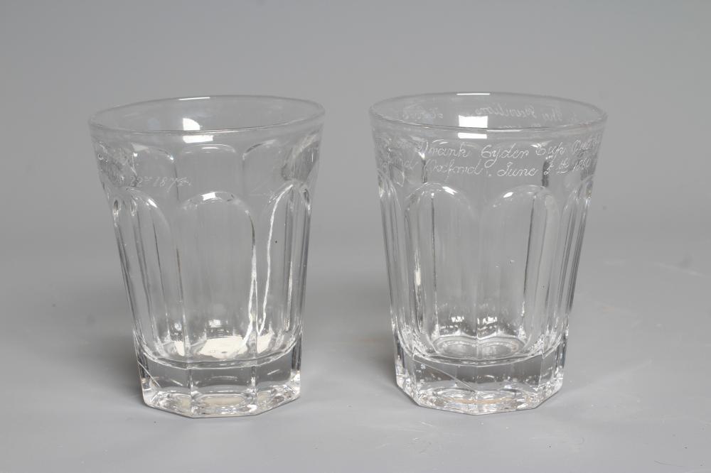 A PAIR OF VICTORIAN HEAVY GLASS TUMBLERS of panelled cylindrical form Image