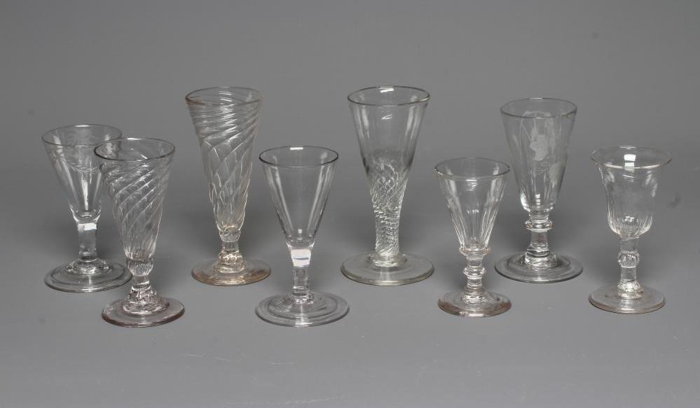 EIGHT GEORGIAN GLASSES including two wrythen fluted conical small ales Image