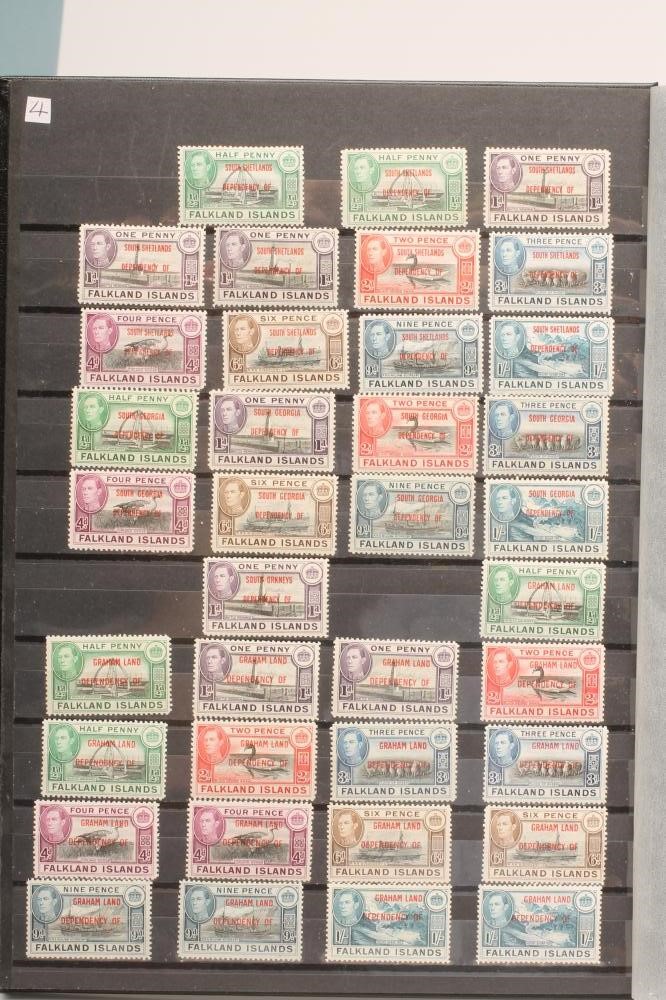 A STOCK BOOK OF FINE EARLY FALKLAND ISLANDS AND DEPENDENCIES COLLECTIONS ETC (Est. plus 21% premium Image