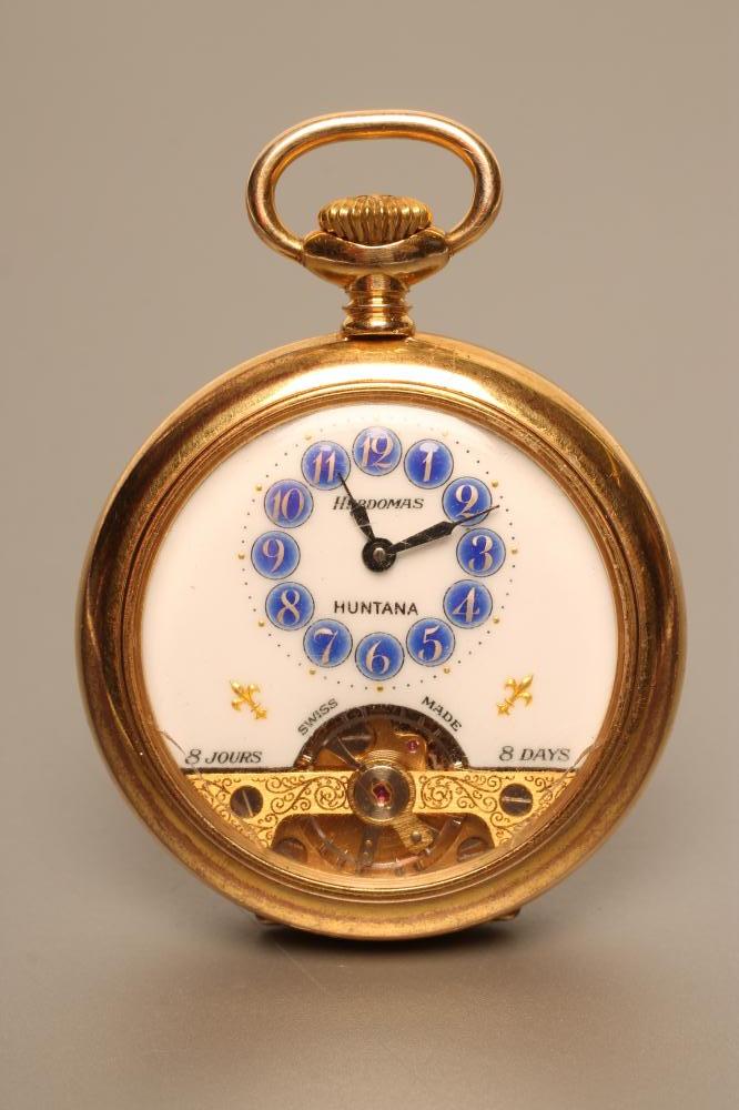 AN HEBDOMAS TOP WIND EIGHT DAY GOLD PLATED POCKET WATCH Image