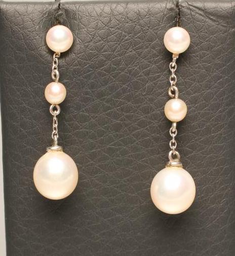 A PAIR OF CULTURED PEARL DROP EAR STUDS Image