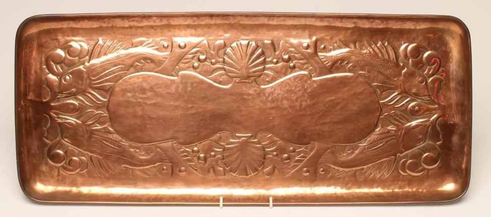 A NEWLYN ARTS AND CRAFTS COPPER TRAY of plain rounded oblong form Image
