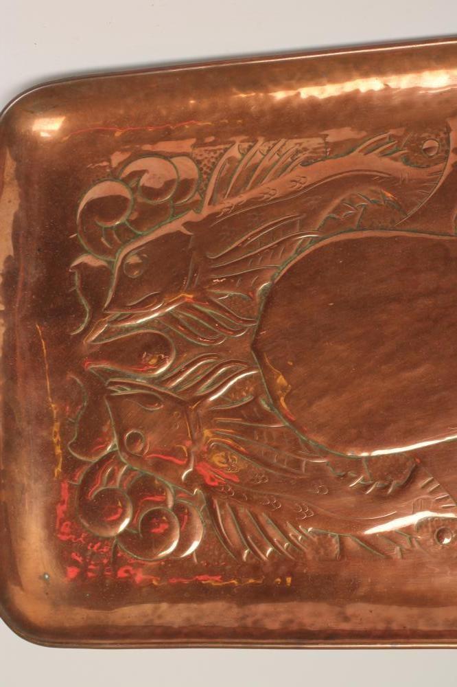 A NEWLYN ARTS AND CRAFTS COPPER TRAY of plain rounded oblong form Image