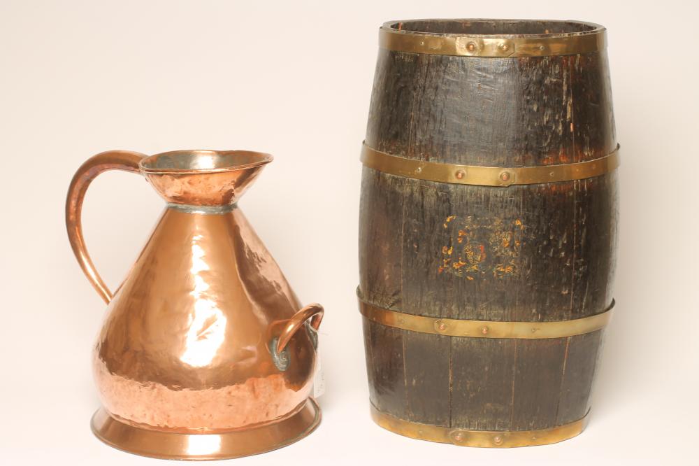 A COOPERED OAK OVAL BARREL STICK STAND with brass banding and remnants of Royal Coat of Arms Image