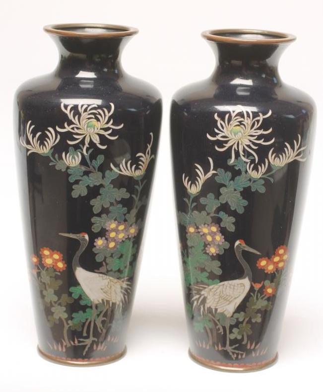A PAIR OF JAPANESE CLOISONNE ENAMEL VASES of rounded flared square section Image