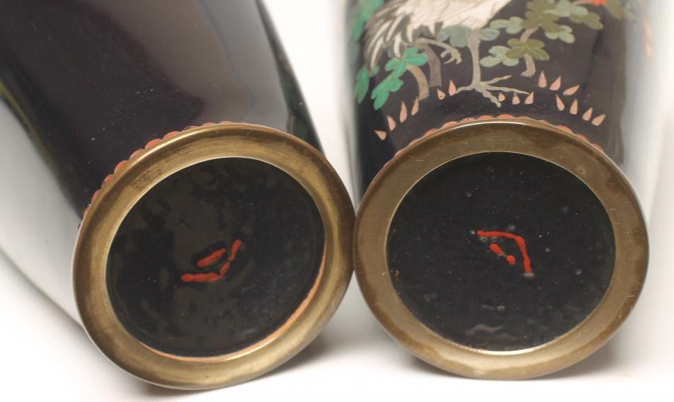 A PAIR OF JAPANESE CLOISONNE ENAMEL VASES of rounded flared square section Image