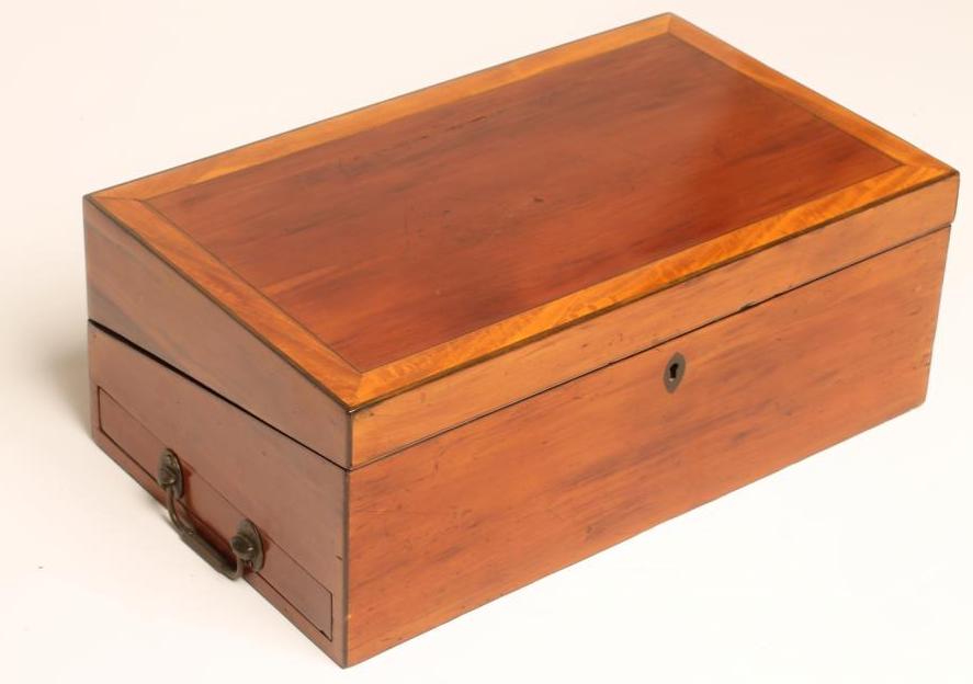 A FRUITWOOD AND SATINWOOD BANDED WRITING BOX Image
