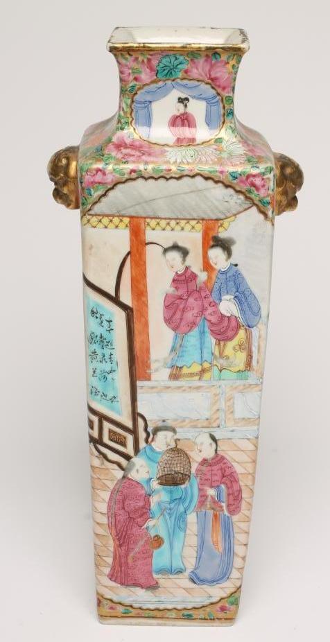 A CANTONESE PORCELAIN VASE of flared square section with gilded animal mask lug handles Image