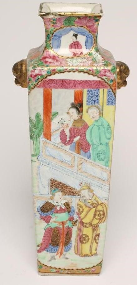 A CANTONESE PORCELAIN VASE of flared square section with gilded animal mask lug handles Image
