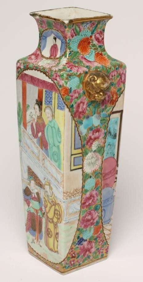 A CANTONESE PORCELAIN VASE of flared square section with gilded animal mask lug handles Image