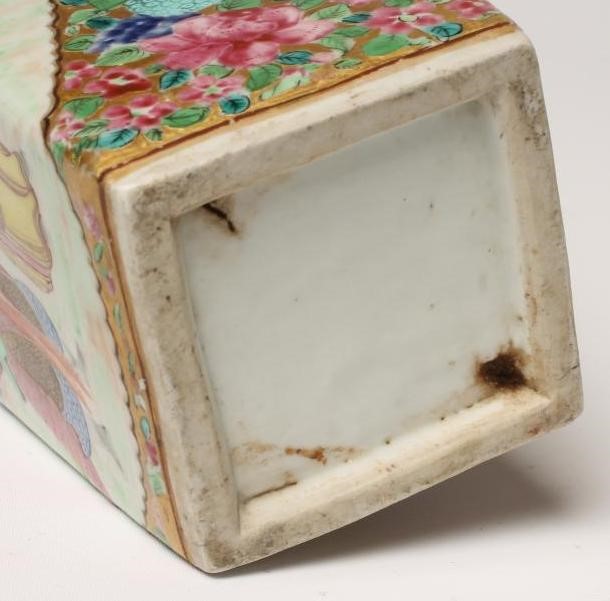 A CANTONESE PORCELAIN VASE of flared square section with gilded animal mask lug handles Image
