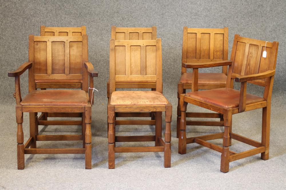 A SET OF SIX ADZED OAK DINING CHAIRS by Colin Almack including two elbow chairs Image