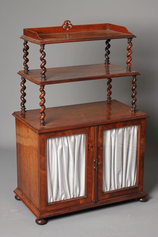 AN EARLY VICTORIAN ROSEWOOD MUSIC CABINET of oblong form with upper section of two graduated open Image