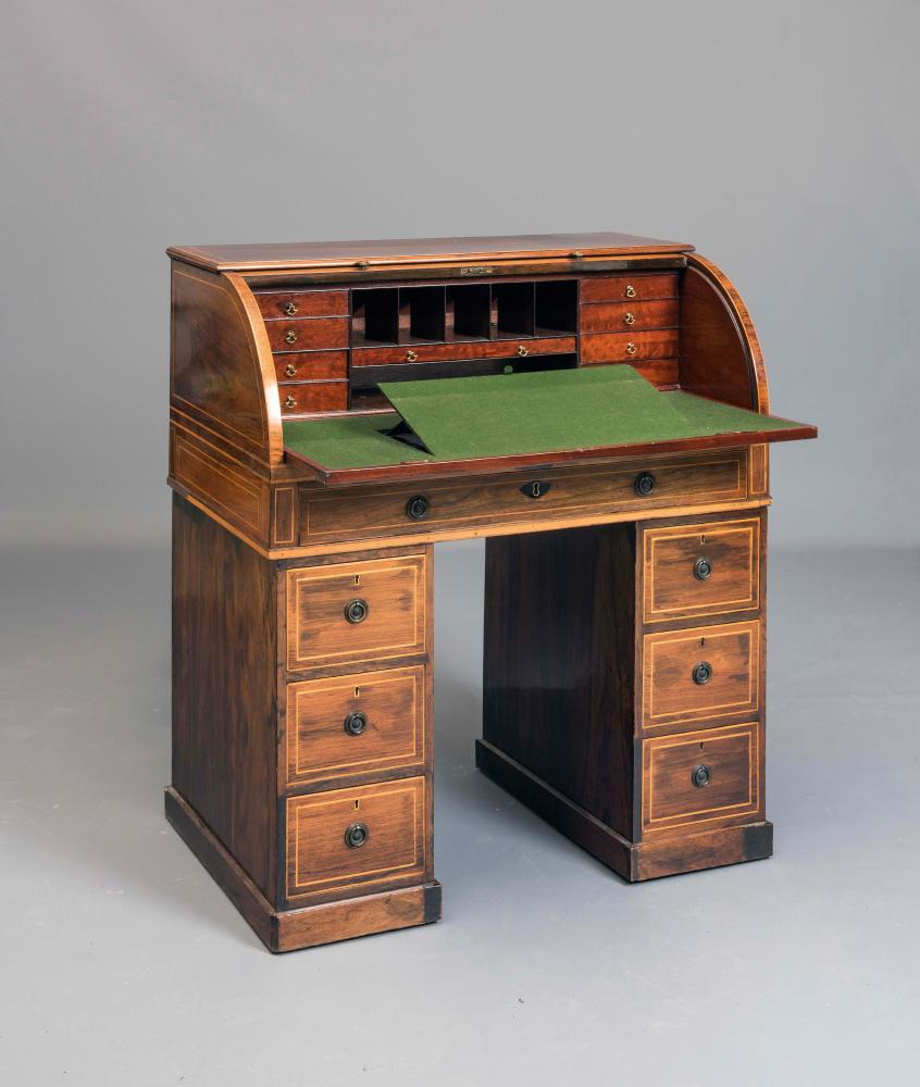 A LATE VICTORIAN ROSEWOOD AND SATINWOOD BANDED CYLINDER BUREAU Image