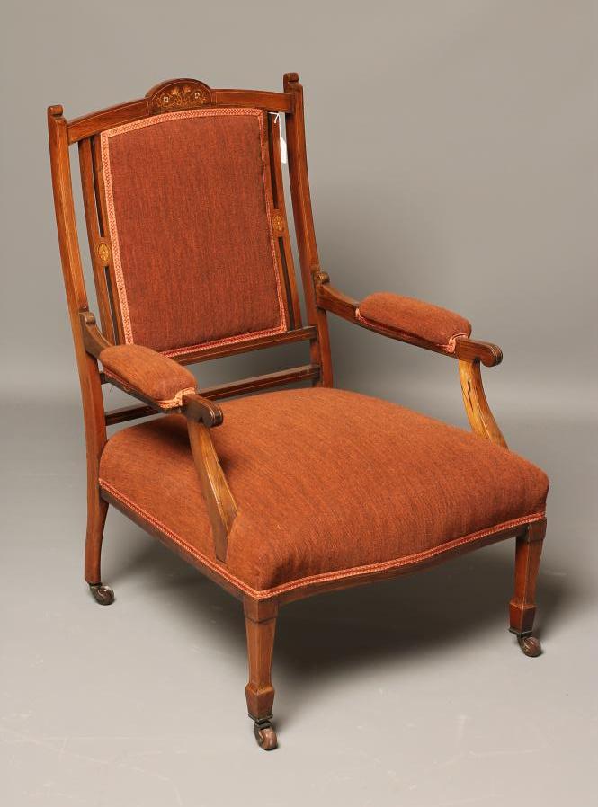 AN EDWARDIAN ROSEWOOD FRAMED ARMCHAIR with stringing and upholstered in a rust coloured weave Image