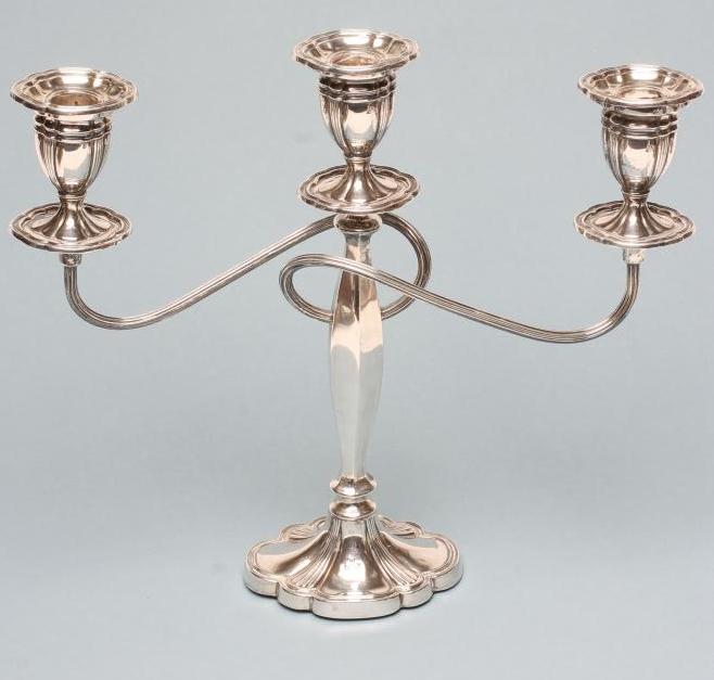 A TWO BRANCH THREE LIGHT SILVER CANDELABRUM Image