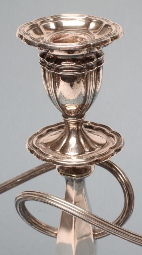 A TWO BRANCH THREE LIGHT SILVER CANDELABRUM Image