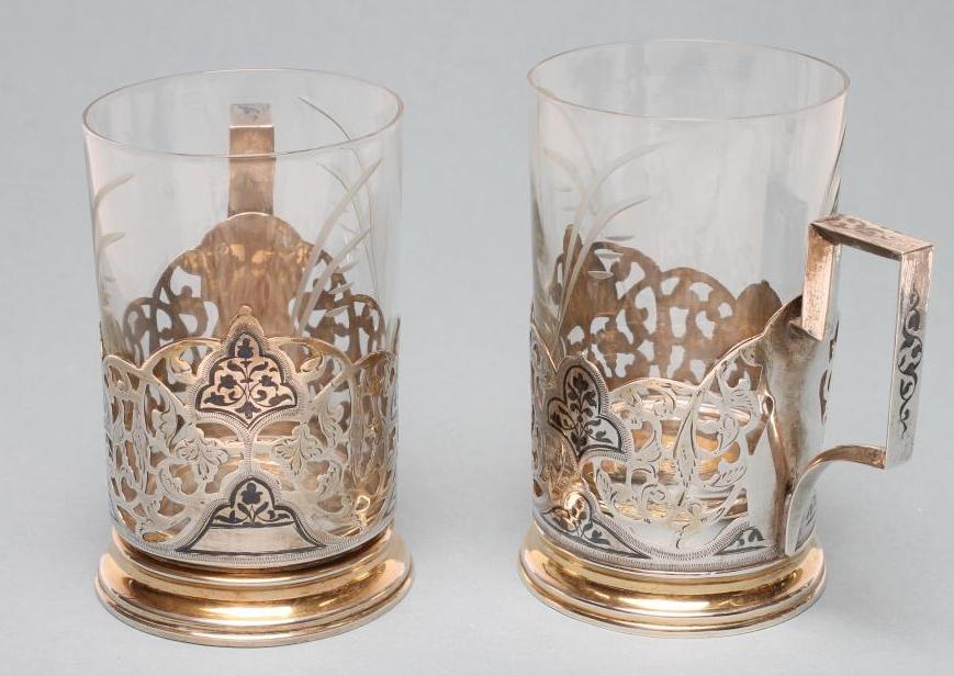 A PAIR OF RUSSIAN SILVER TEA GLASS HOLDERS Image