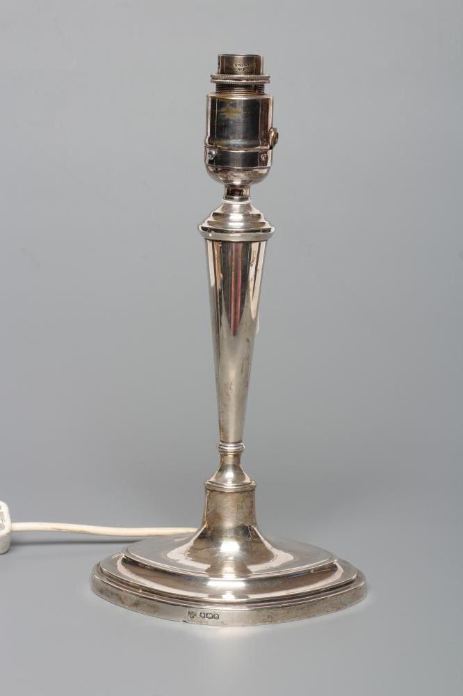 A SILVER ELECTRIC TABLE LAMP BASE, maker Elkington Ltd., Sheffield 1925, modelled as a plain navette Image