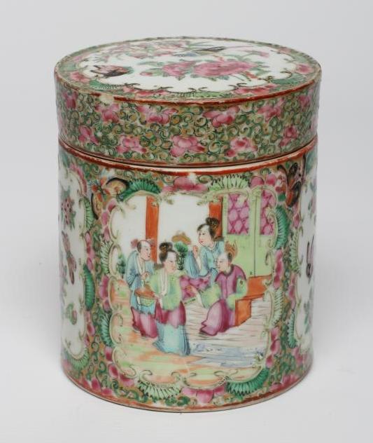 A CANTONESE PORCELAIN FAMILLE ROSE JAR AND COVER of plain cylindrical form Image