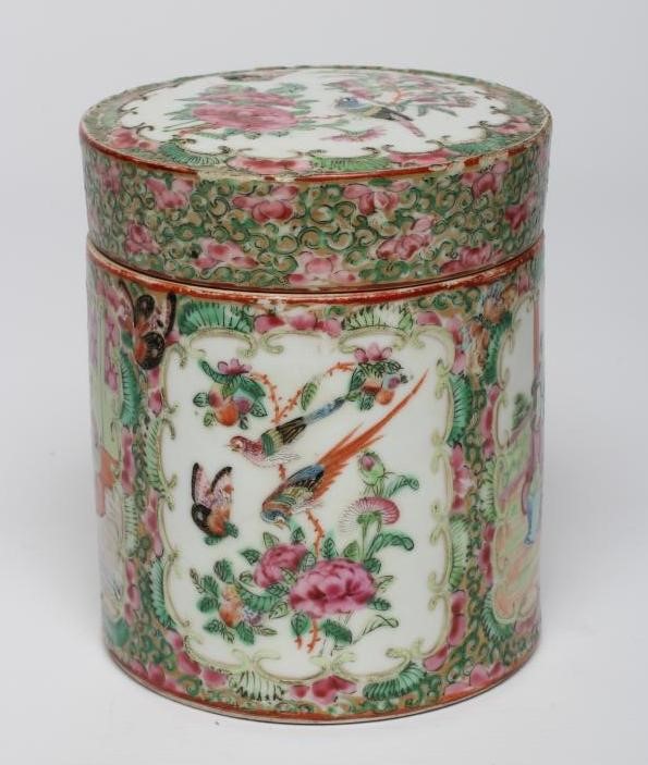 A CANTONESE PORCELAIN FAMILLE ROSE JAR AND COVER of plain cylindrical form Image