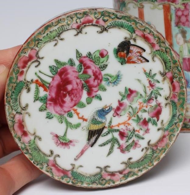A CANTONESE PORCELAIN FAMILLE ROSE JAR AND COVER of plain cylindrical form Image