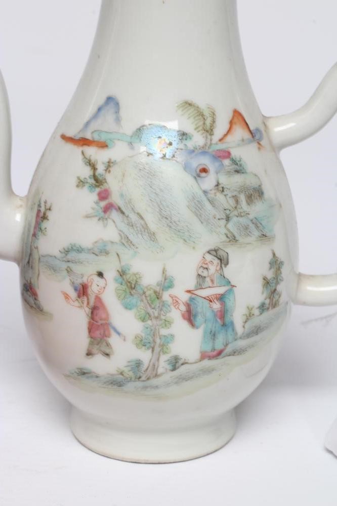 A CHINESE PORCELAIN SMALL COFFEE POT AND COVER of baluster form with ear shaped handle Image