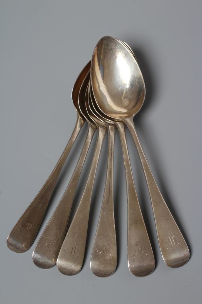 A SET OF SIX LATE GEORGE III SILVER DESSERT SPOONS, possibly by Solomon Hougham, London 1815, in Old Image