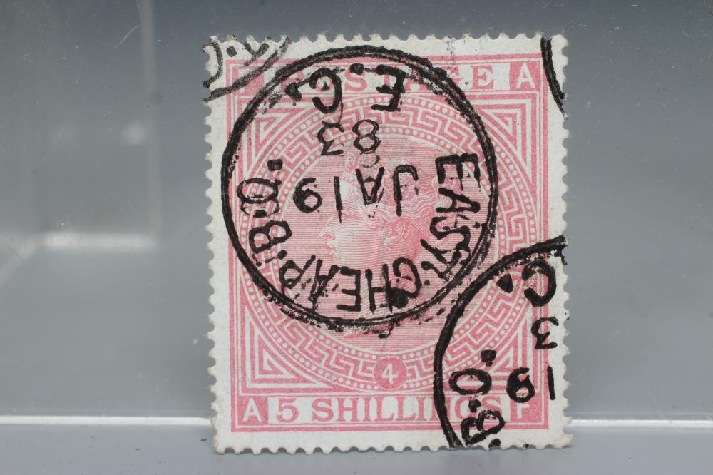 GB SURFACE PRINTED 5/- ROSE 1882 PLATE 4, possibly blued paper, superb cancellation (Est. plus 24% Image