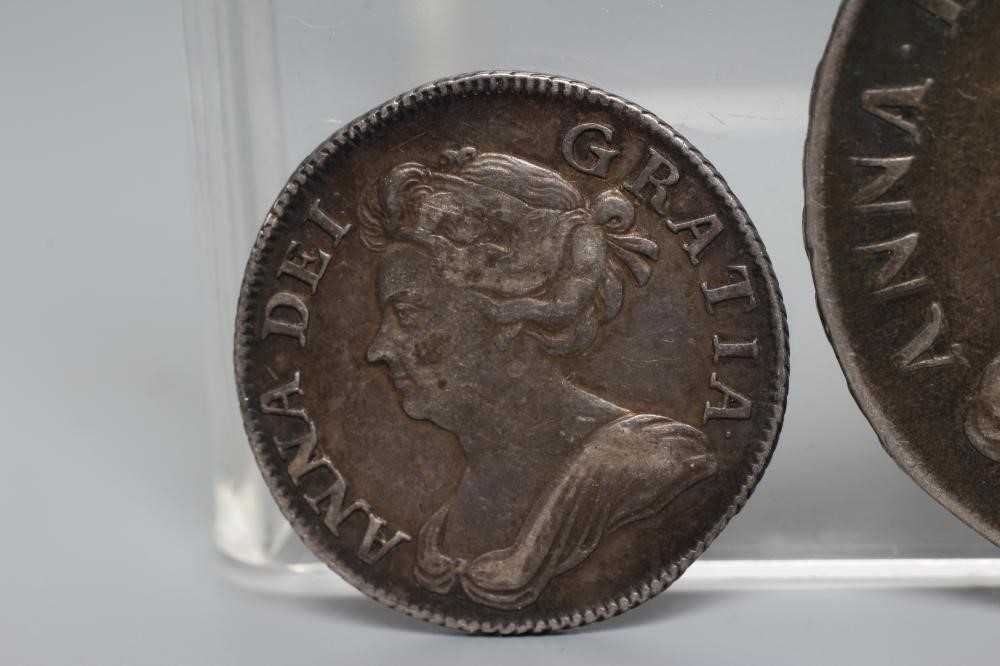 TWO QUEEN ANNE SILVER COINS, comprising 1706 crown with crowned cruciform back, plumes and roses, Image