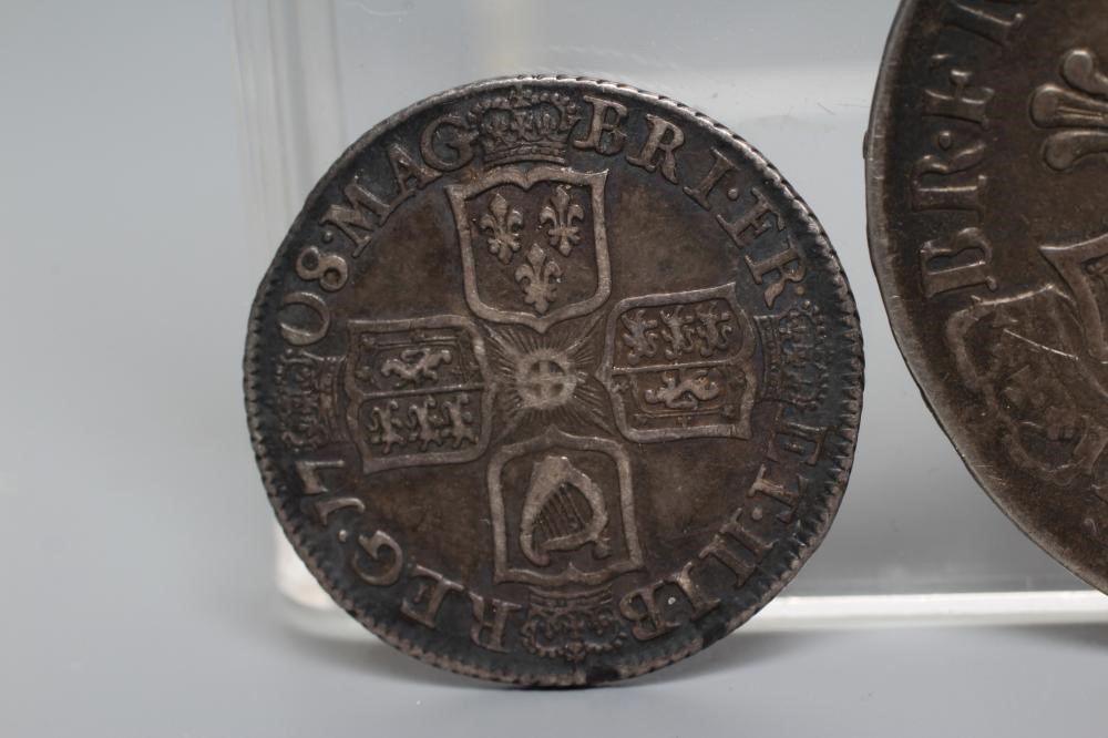TWO QUEEN ANNE SILVER COINS, comprising 1706 crown with crowned cruciform back, plumes and roses, Image