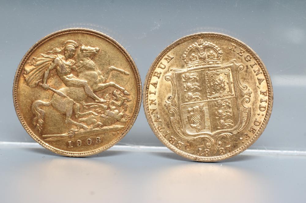 TWO HALF SOVEREIGNS, comprising Victoria OH 1887 shield back and Edward VII 1908, 4g each (Est. plus Image