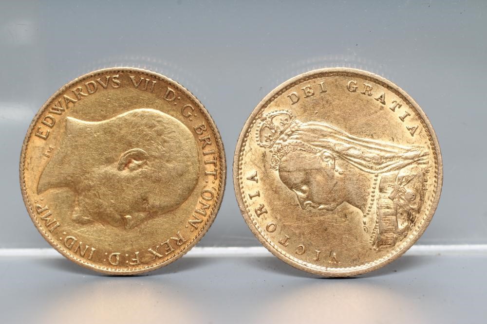 TWO HALF SOVEREIGNS, comprising Victoria OH 1887 shield back and Edward VII 1908, 4g each (Est. plus Image