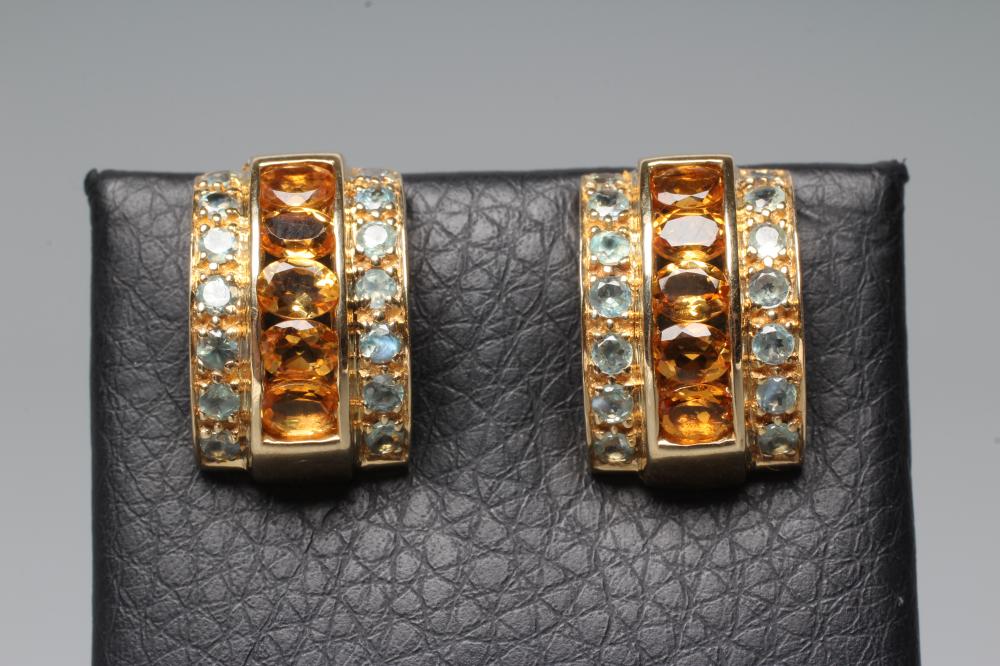 A PAIR OF CITRINE AND GREEN TOURMALINE WIDE HOOP EAR STUDS Image