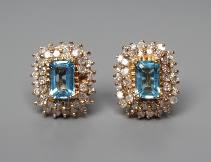 A PAIR OF BLUE TOPAZ AND DIAMOND CLUSTER EAR STUDS, of stepped oblong form, on 9ct gold posts, Image