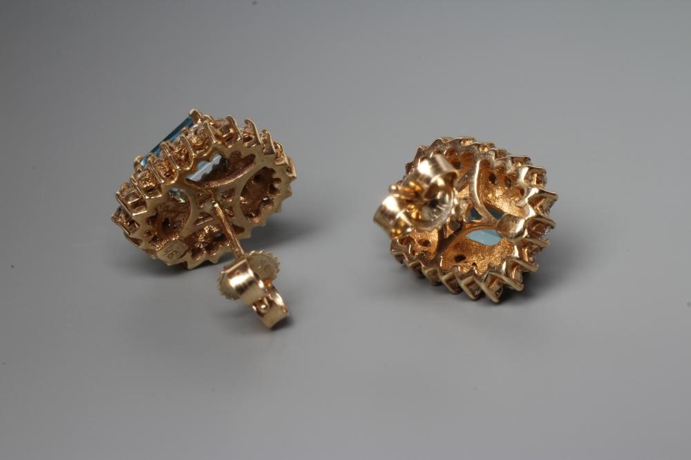 A PAIR OF BLUE TOPAZ AND DIAMOND CLUSTER EAR STUDS, of stepped oblong form, on 9ct gold posts, Image