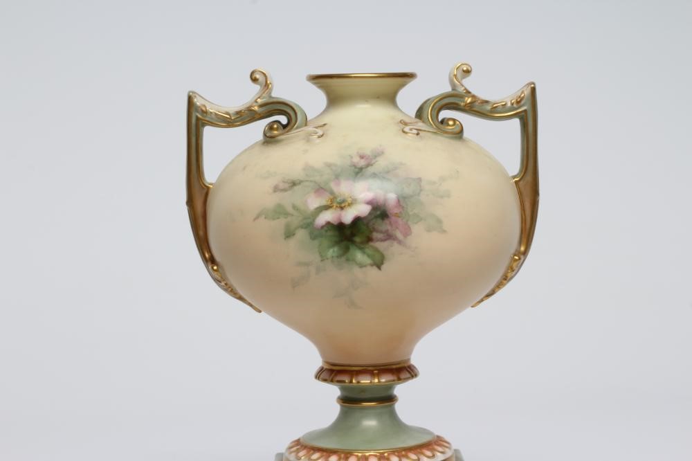 A ROYAL WORCESTER CHINA TWO HANDLED VASE Image