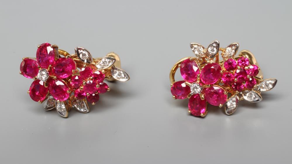 A PAIR OF RUBY AND DIAMOND COCKTAIL EARRINGS Image