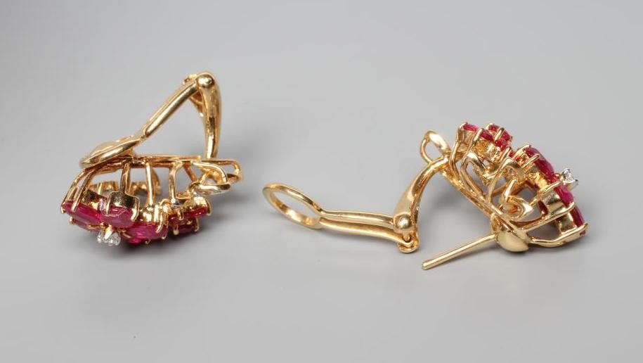A PAIR OF RUBY AND DIAMOND COCKTAIL EARRINGS Image