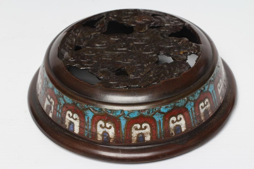 A CHINESE CLOISONNE ENAMEL VASE AND COVER of inverted baluster form with mask scroll handles Image