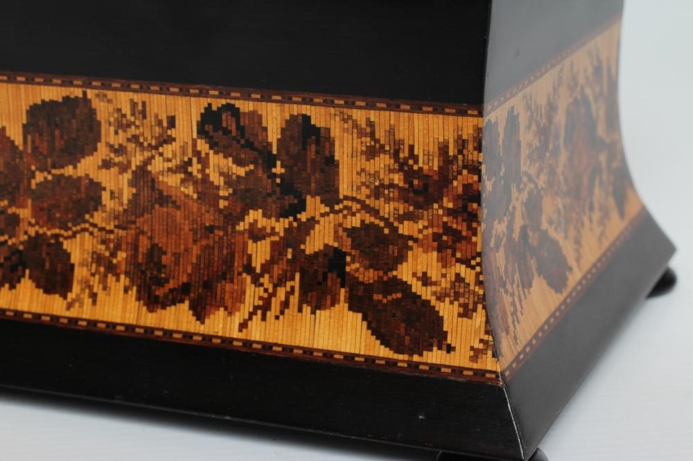 A VICTORIAN ROSEWOOD AND TUNBRIDGE WARE TEA CADDY of waisted oblong form Image