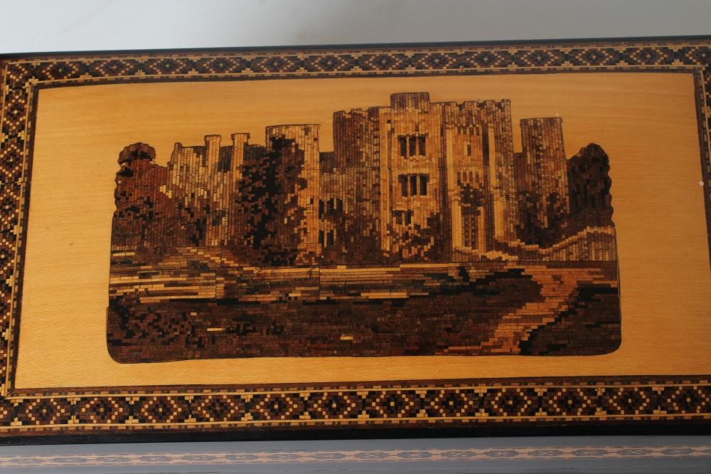 A VICTORIAN ROSEWOOD AND TUNBRIDGE WARE TEA CADDY of waisted oblong form Image