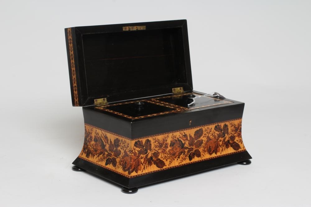 A VICTORIAN ROSEWOOD AND TUNBRIDGE WARE TEA CADDY of waisted oblong form Image