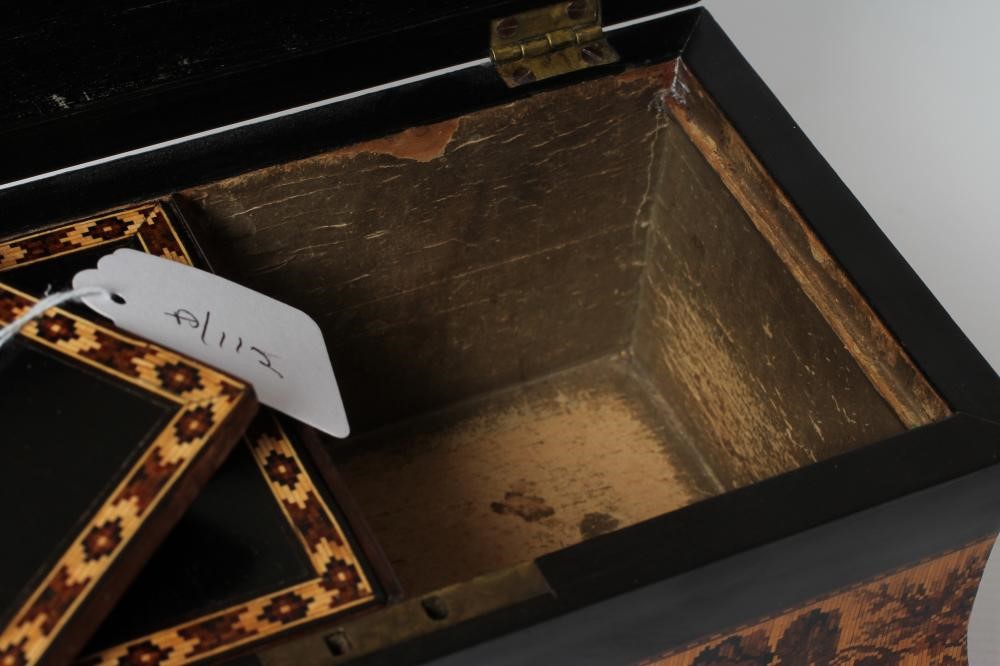 A VICTORIAN ROSEWOOD AND TUNBRIDGE WARE TEA CADDY of waisted oblong form Image