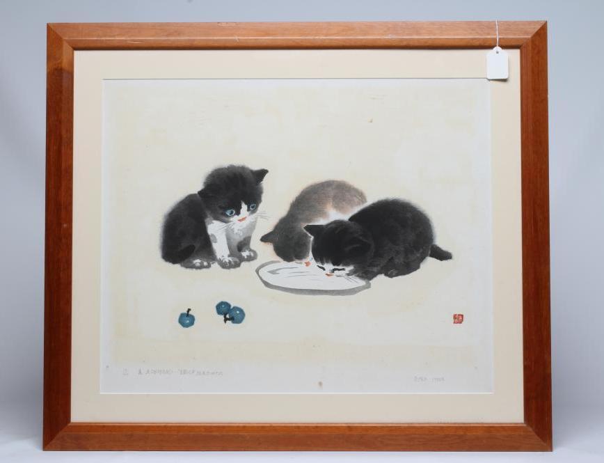 After WU Qiangnian (Born 1937) Kittens, signed, titled and dated 1988, numbered 13/100, screenprint, Image